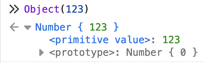 The DevTools Console is shown with the following code executed: `Object(123)`. Below that, the primitive value of 123 is represented in a tree that lists the primitive value as well as the underlying object prototype.