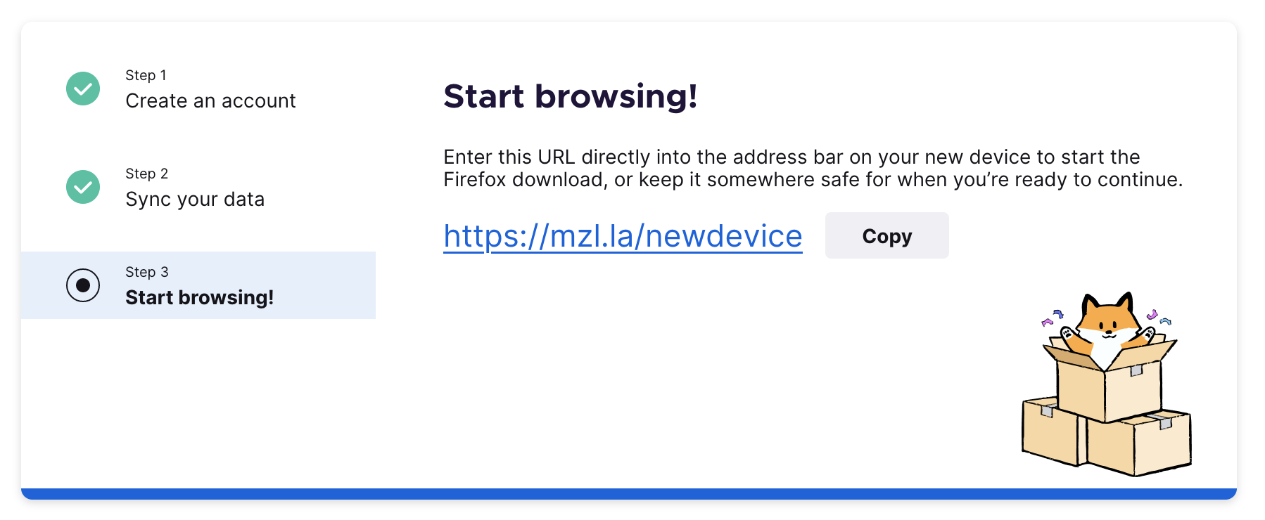 The third step of the device migration wizard on SUMO. It instructs the user on how to download Firefox on their new computer by following a special URL. In the bottom right-hand corner of the wizard is an adorable cartoon fox jumping out of a set of boxes.