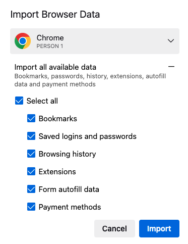 The migration wizard in Firefox Desktop is shown with Chrome selected. The following checkboxes are listed, representing which resources can be migrated: Bookmarks, saved logins and passwords, browsing history, extensions, form autofill data, payment methods.