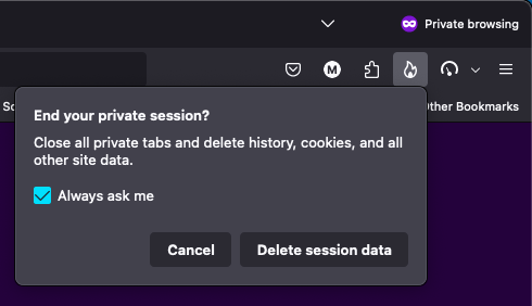 Screenshot of a new button for clearing private sessions on Firefox displayed on the toolbar, as well as a new dialog panel that appears after clicking the toolbar button.