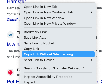 The content context menu for Firefox is opened over a link to the Wikipedia page for hamsters. An item in the context menu is highlighted: "Copy Link Without Site Tracking"