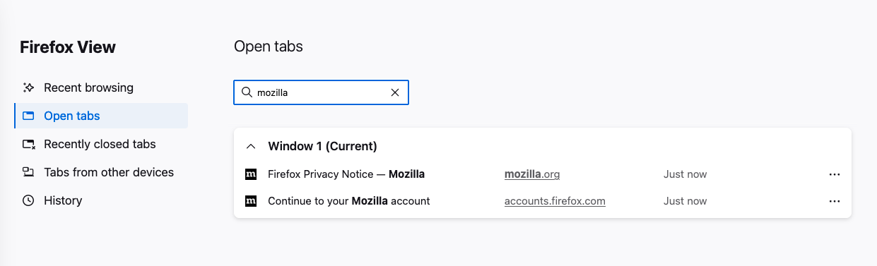 The Firefox View tab is shown on the "Open tabs" pane. A search input is listed at the top of the page, with "mozilla" entered into it. Below, a list of tabs in the current window with the term "mozilla" in them are listed.