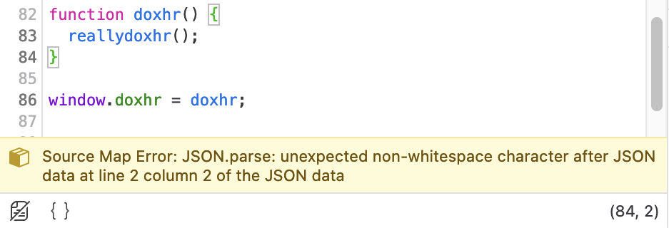 Notification about a Source Map Error due to an unexpected non-whitespace character
