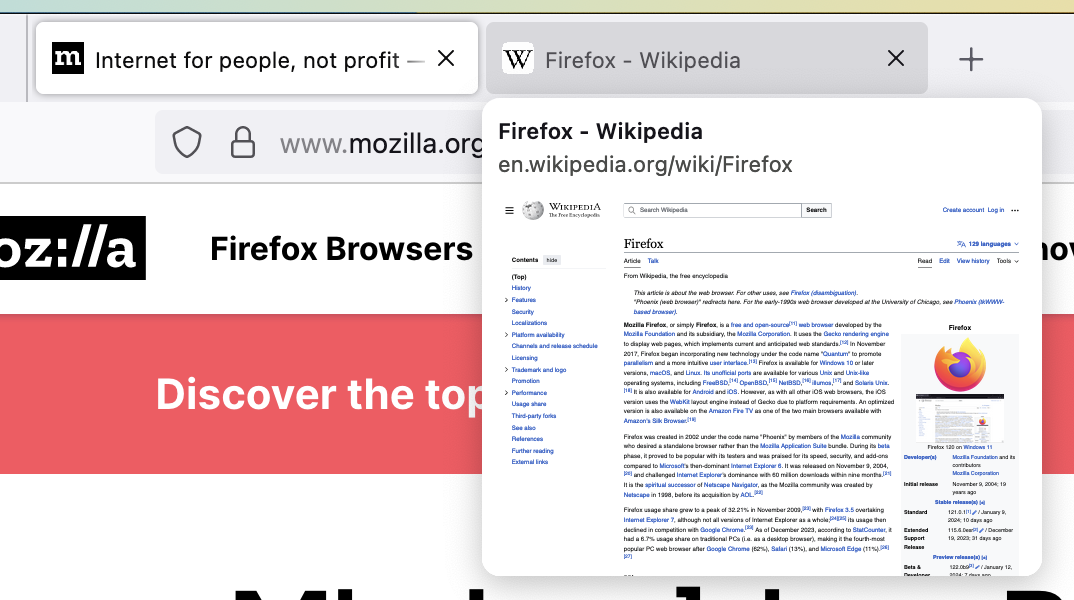 Anteprime delle miniature al passaggio del mouse sulla scheda Firefox