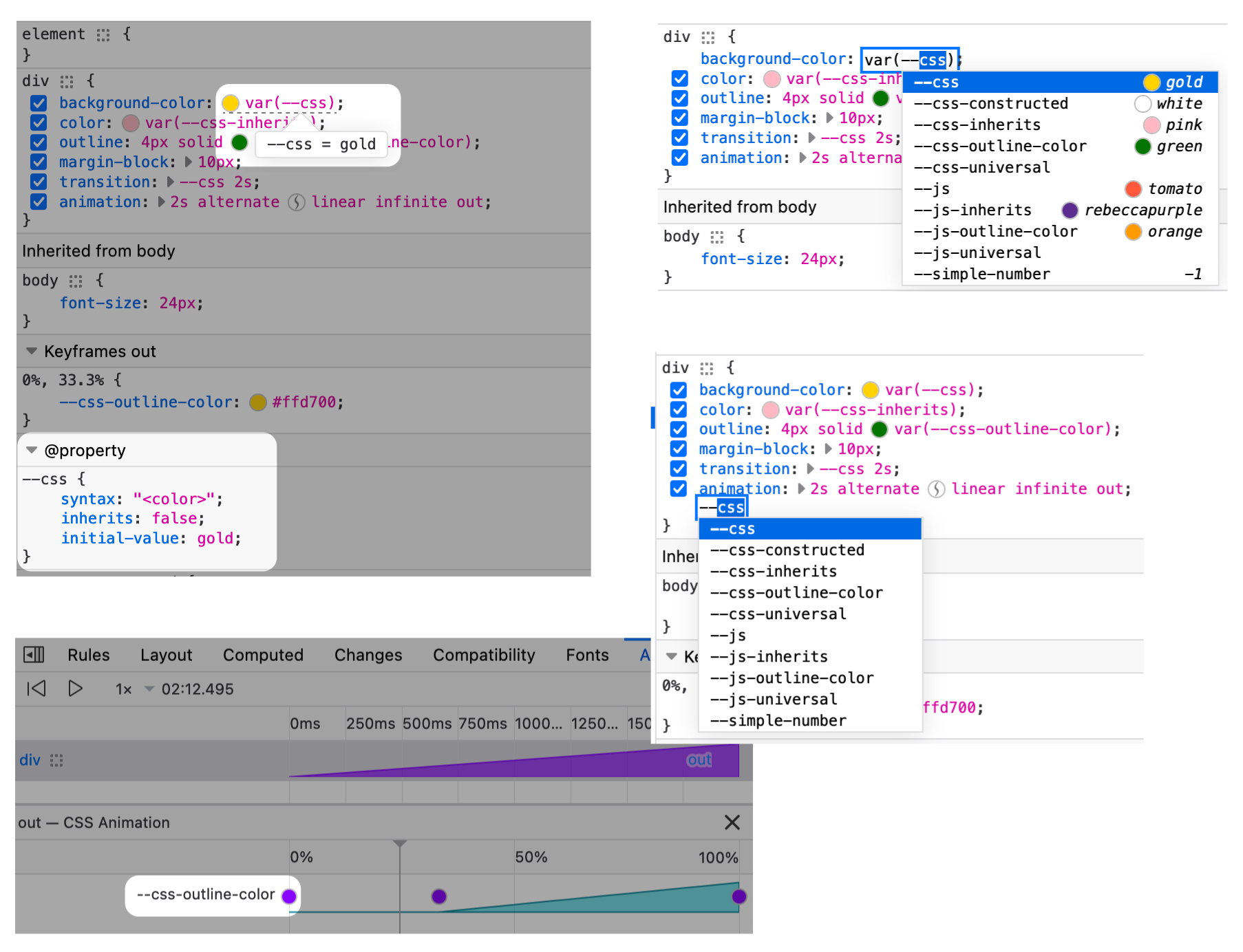 4 different sections of the Firefox DevTools are shown. All are demonstrating that custom CSS properties are more easily inspected. The top-left quadrant shows the property being inspected in the Style pane of the Inspector. The bottom-left quadrant shows an animated custom property listed in the CSS animation inspector. The top-right quadrant shows the CSS property in the Style pane of the Inspector being offered in an autofill tooltip, and showing what the CSS value resolves to (the colour "gold"). The bottom most pane shows the rule being included in the autofill tooltip when setting a style property in a selector.