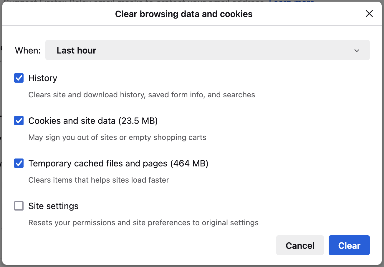 The new "Clear browsing data and cookies" dialog is shown. A dropdown for when to remove data for has "Last hour" selected. There are 4 checkboxes shown with the following labels: "History", "Cookies and site data (23.5 MB)", "Temporary cached files and pages (464 MB)", "Site settings". The first three are checked.