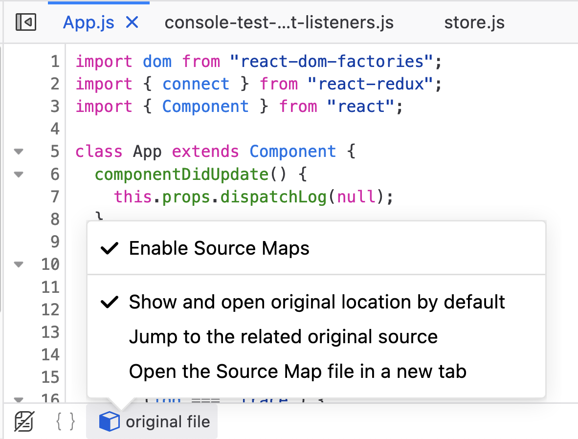 Tooltip at the bottom of the devTools editor displaying available Source Map settings and which of those settings are enabled.