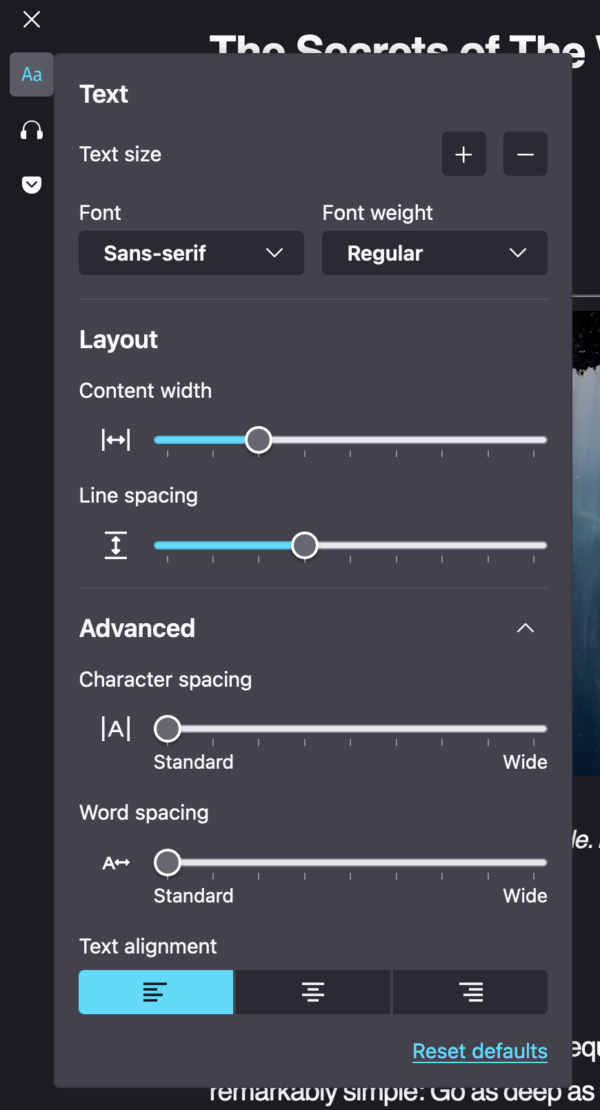 A panel in Firefox's Reader Mode is shown for controlling layout and text on the page. The panel lets users control the content width, line spacing, character spacing, word spacing, and text alignment of the text in reader mode.