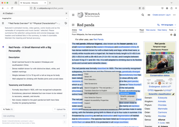 Firefox with HuggingChat in sidebar generating a Red Panda summary with headers and lists displayed adjacent to Wikipedia Red Panda page with a few paragraphs selected partially covered by a context menu highlighting "Ask HuggingChat, Summarize"