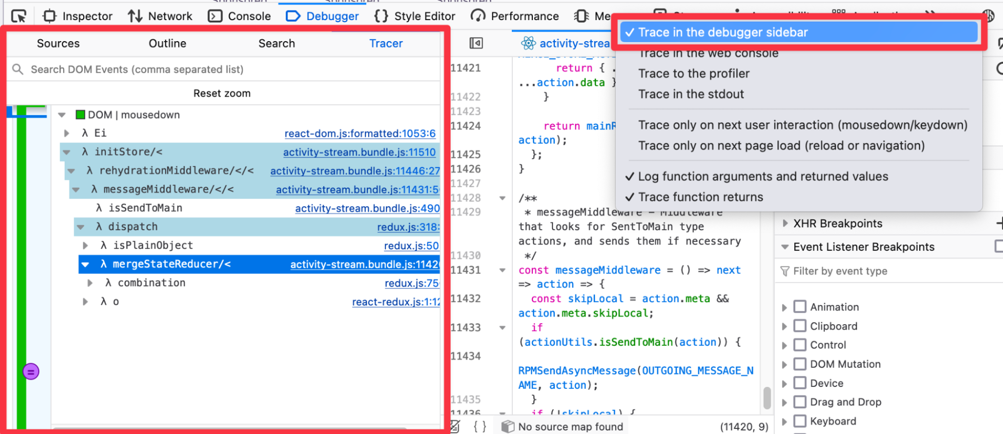 JavaScript Tracer data for a DOM mousedown event logged within a DevTools Debugger side panel. There is also a context menu item called "Trace in the debugger sidebar" to enable or disable this panel.