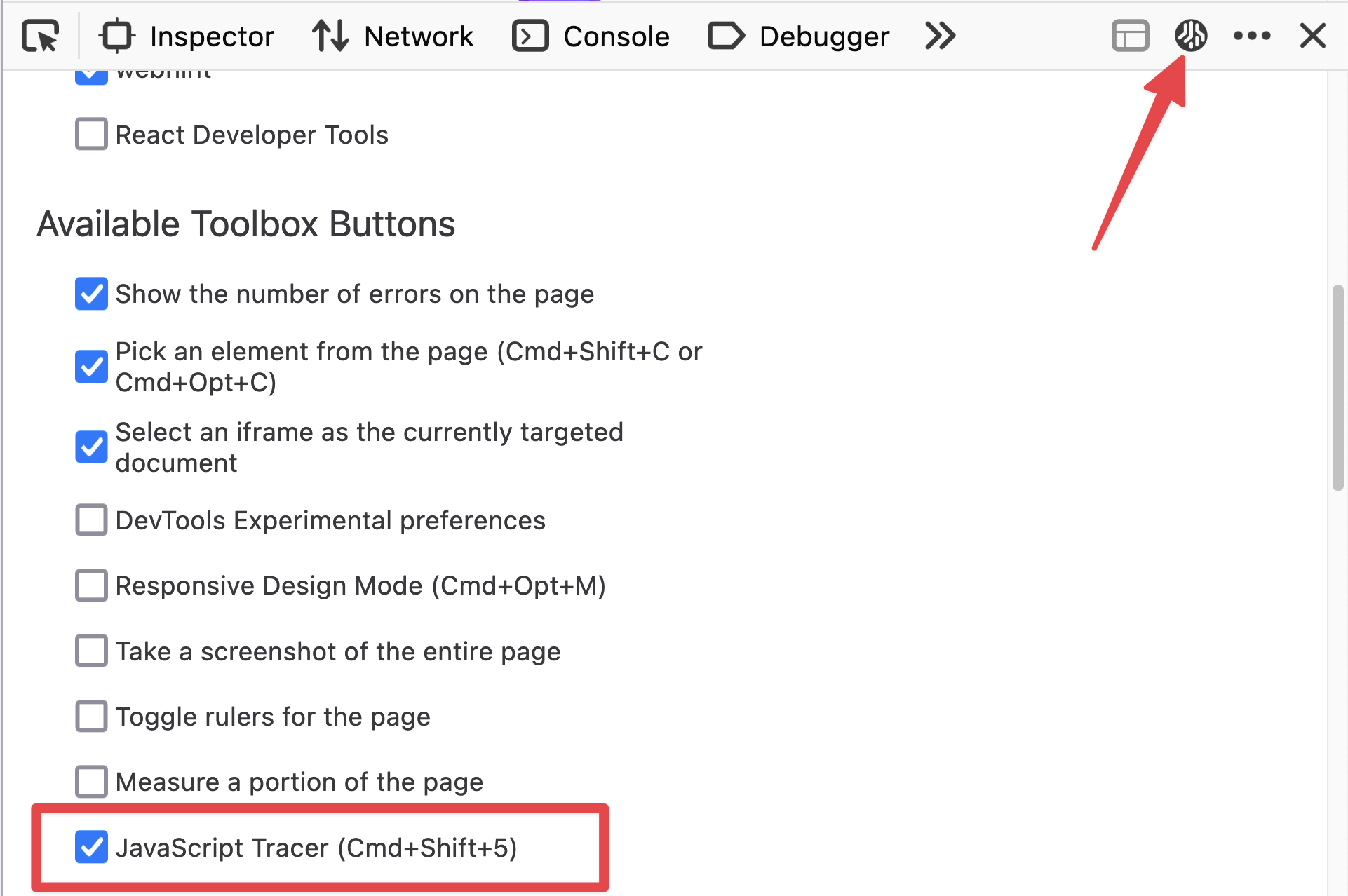 A checkbox for toggling JavaScript Tracer under a menu header "Available Toolbox Buttons", as well as a Toolbox icon at the top right corner of DevTools to access JavaScript Tracer