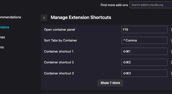 The "Manage Extension Shortcuts" pane from about:addons. A series of keyboard shortcut mappings for an extension is displayed - one of which is mapped to the F19 key.