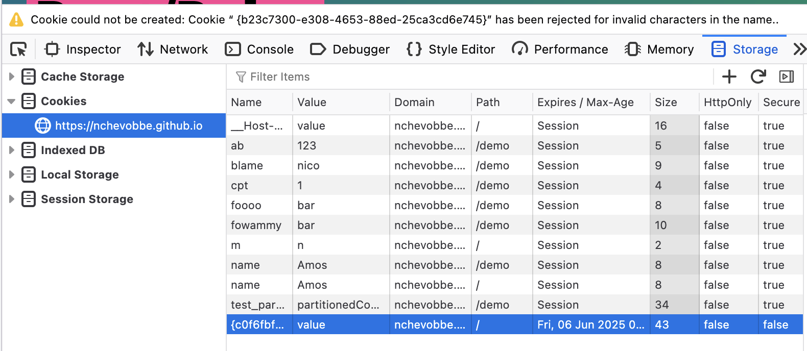 Invalid cookies error message is displayed in DevTools storage panel.