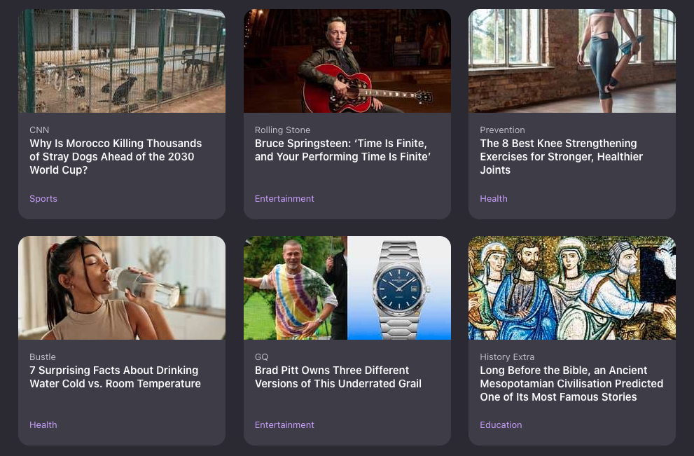 The Firefox new tab page showing six stories without descriptive text.