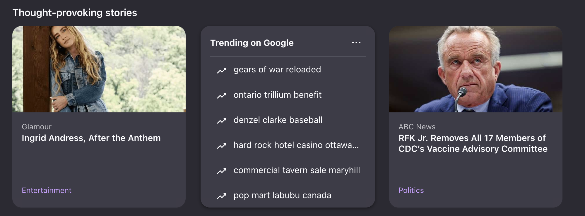 A variant of trending searches displayed within a card — situated between two other story cards — in the new tab page.