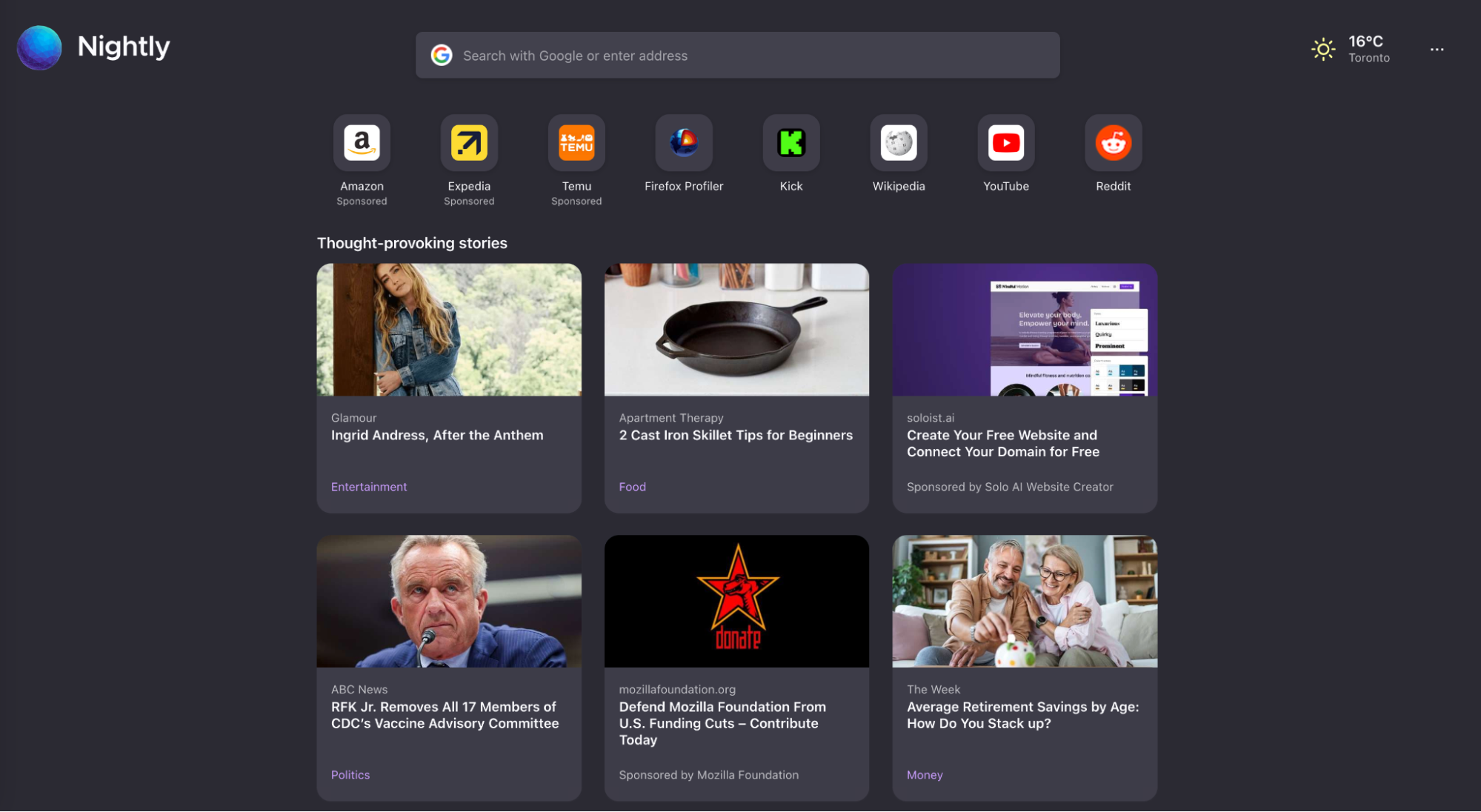 The Firefox new tab page showing six stories without descriptive text under their headlines.