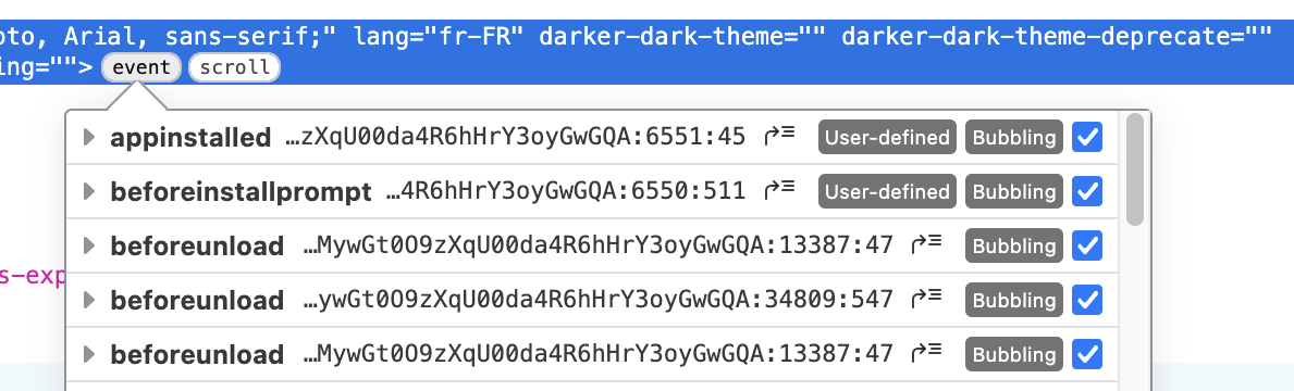 "User-defined" badge in the DevTools markup view event tooltip