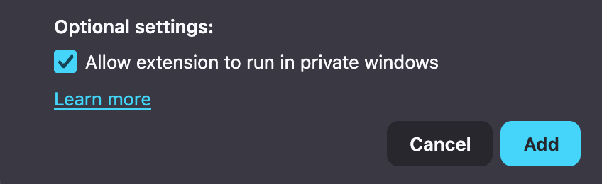 A Firefox extension popup during the installation process with a checkbox enabled for the option "Allow extension to run in private windows"
