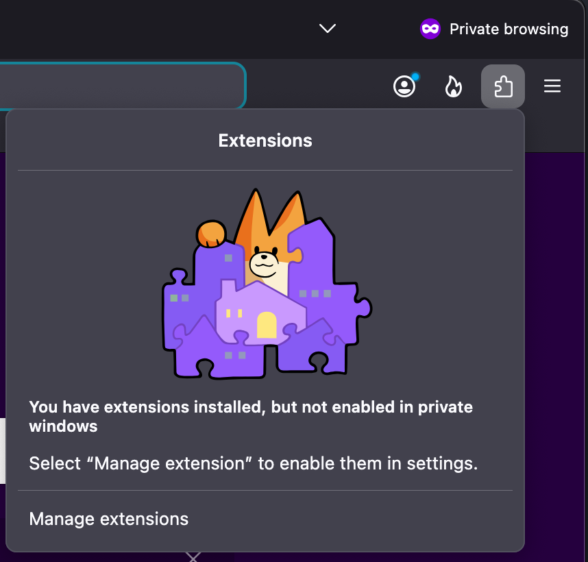 The Firefox Extensions panel UI explaining why no extensions are displayed in private browsing mode.