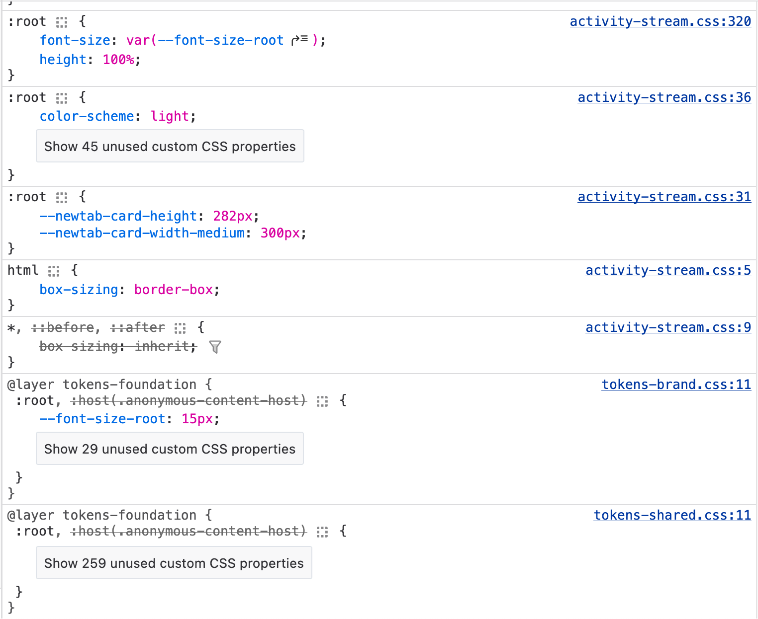 The Firefox Developer Tools Style Rules view showing a list of CSS rules applied from multiple stylesheets, including activity-stream.css, tokens-brand.css, and tokens-shared.css. Each rule is shown with its selector, and links to the line numbers in their respective stylesheets. Some rules include expandable boxes with messages similar to “Show 45 unused custom CSS properties,” indicating detection of unused variables or properties.