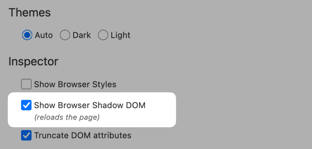 A section of Firefox Developer Tools settings under “Inspector.” Under “Inspector,” a new option “Show Browser Shadow DOM” is checked and highlighted, with a note saying “(reloads the page).”