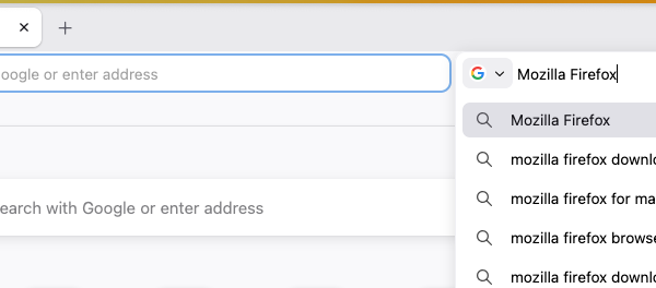 Separate search bar with search results on the Firefox toolbar, now visually displaying a new x icon to clear input.