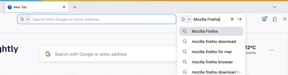 Separate search bar with search results on the Firefox toolbar, now visually displaying a new x icon to clear input.