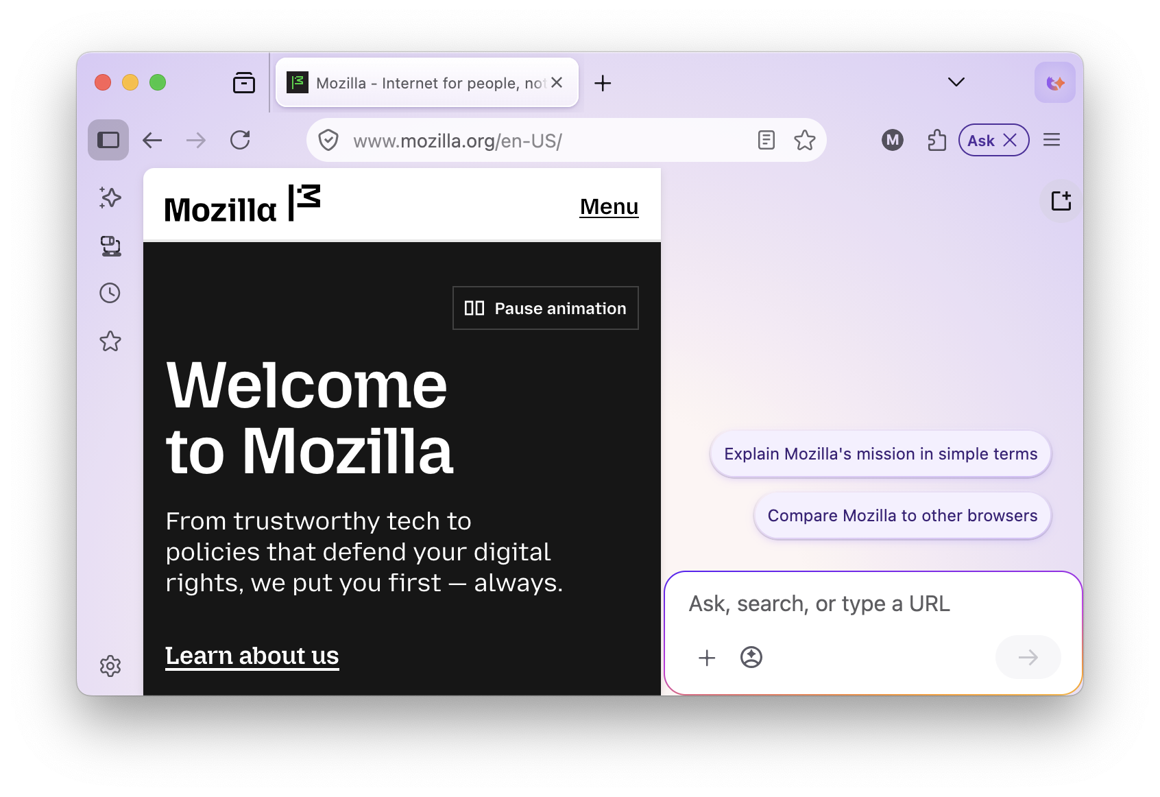 Smart Window showing prompts "Explain Mozilla's mission in simple terms" and "Compare Mozilla to other browsers."