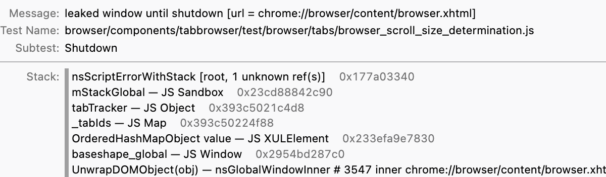Call stack for a leaked window test failure.