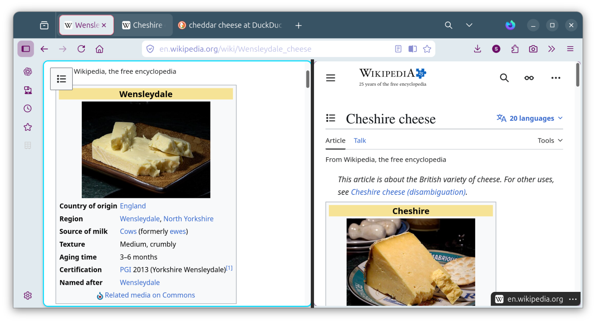 Firefox SplitView showing two pages side-by-side, one about Wensleydale cheese and the other about Cheshire cheese.