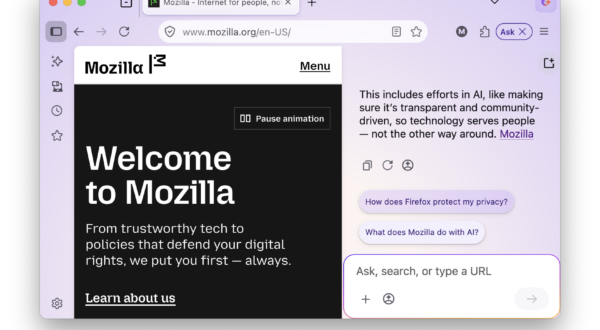 Smart Window showing prompts "How does Firefox protect my privacy?" and "What does Mozilla do with AI?"