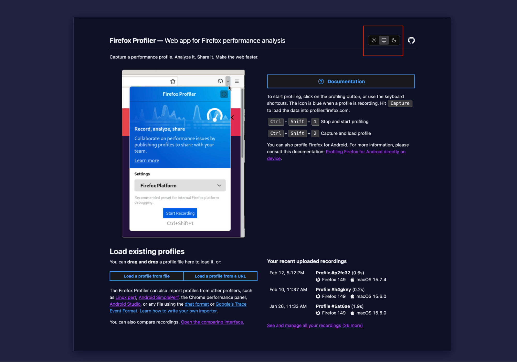 Firefox Profiler dark mode settings.