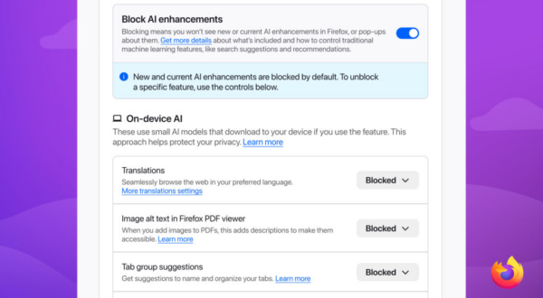 Firefox settings page showing AI Controls. A “Block AI enhancements” toggle is enabled at the top, with a notice stating that new and current AI enhancements are blocked by default. Below, under “On-device AI,” several features are listed with status set to “Blocked,” including “Translations,” “Image alt text in Firefox PDF viewer,” and “Tab group suggestions.” Each feature includes a short description and a “Learn more” link.