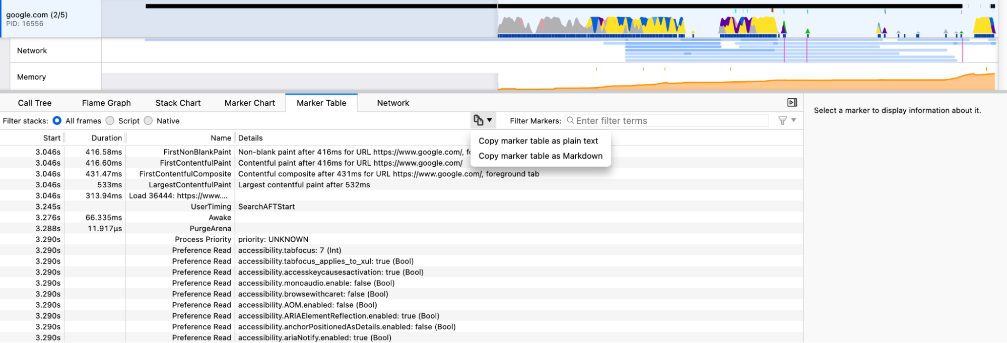 Firefox Profiler with new dropdown options to copy data from the marker table.