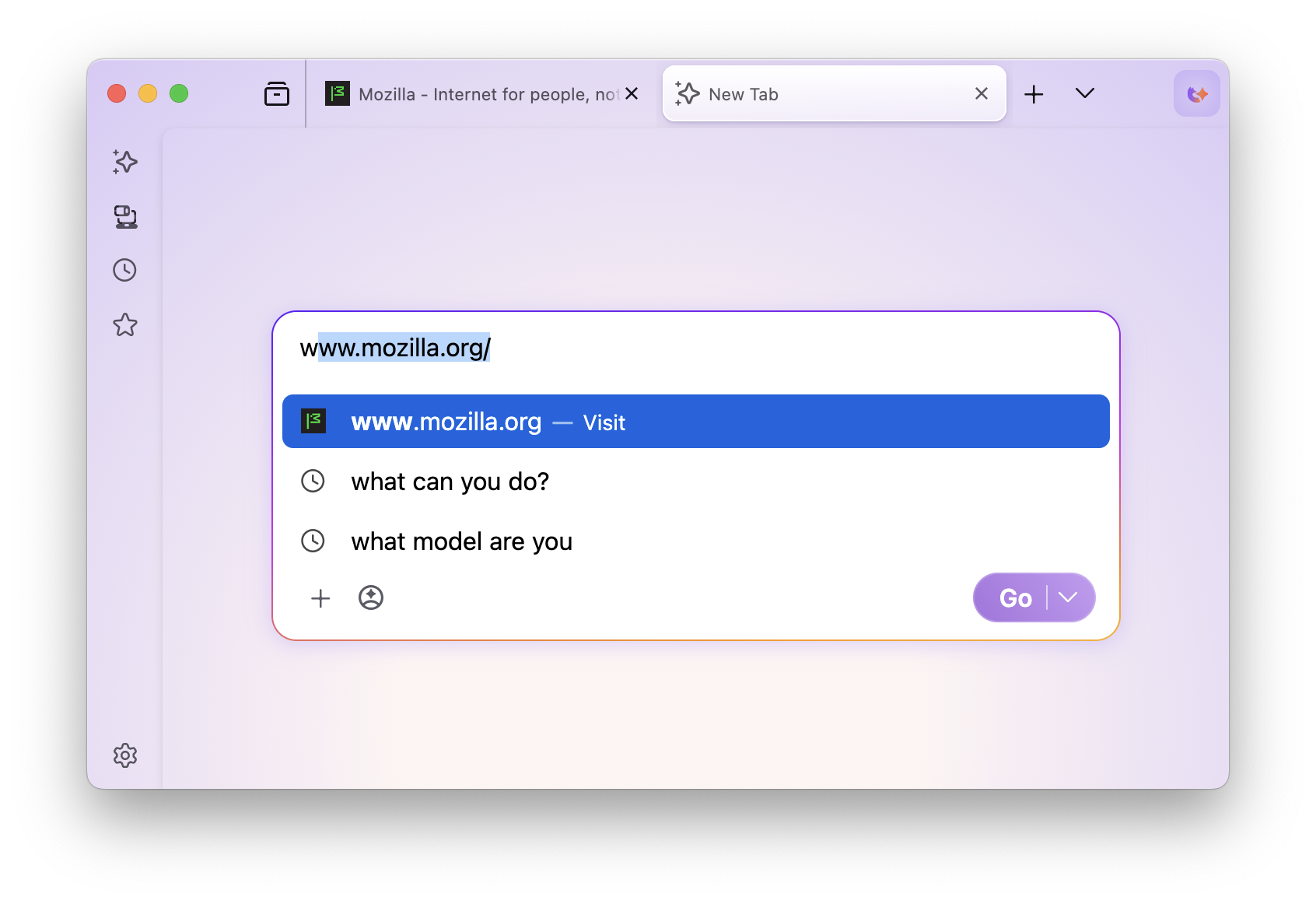 Smart bar feature with www.mozilla.org in the search bar and a "Go" button to run the search.