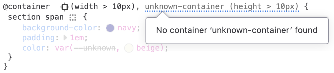 An unmatched container rule in the Inspector panel