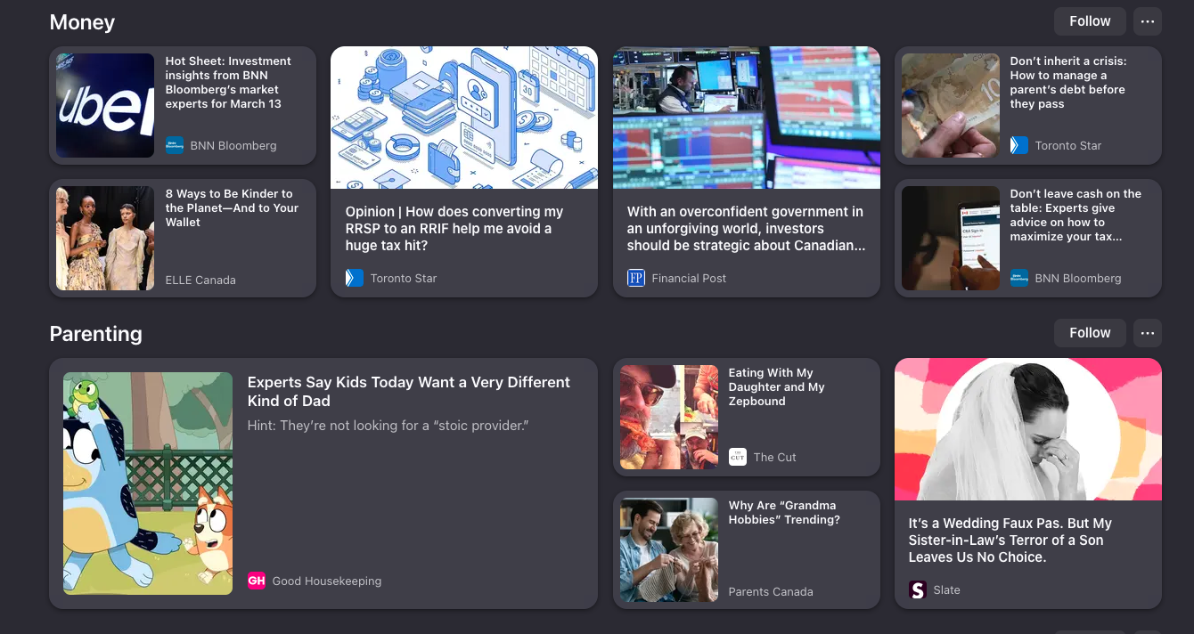 Firefox New Tab page showing categorized content sections titled “Money” and “Parenting.” Each section contains a grid of article cards with images, headlines, and sources. The “Money” section includes finance and investment-related articles from sources like BNN Bloomberg, Toronto Star, and Financial Post. The “Parenting” section includes articles about family and lifestyle topics from sources like Good Housekeeping, The Cut, Parents Canada, and Slate. Each section includes a “Follow” button in the top-right corner