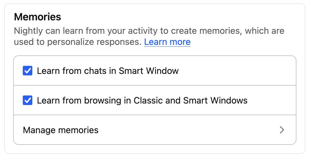 Firefox settings section titled “Memories,” explaining that the browser can learn from user activity to personalize responses. Two options are enabled: “Learn from chats in Smart Window” and “Learn from browsing in Classic and Smart Windows.” A “Manage memories” option appears below with a navigation arrow.
