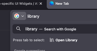 Word "library" typed out in the URL bar to see the Firefox Library quick action