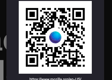 A Firefox dialog titled “QR Code” displaying a large QR code with a Firefox Nightly logo in the center. Below the code is the URL “https://www.mozilla.org/en-US/” . At the bottom are “Save” and “Copy” buttons, and a close (X) button appears in the top-right corner of the dialog.