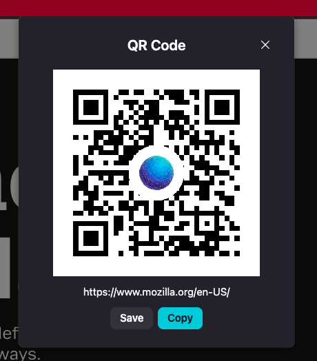 A Firefox dialog titled “QR Code” displaying a large QR code with a Firefox Nightly logo in the center. Below the code is the URL “https://www.mozilla.org/en-US/” . At the bottom are “Save” and “Copy” buttons, and a close (X) button appears in the top-right corner of the dialog.