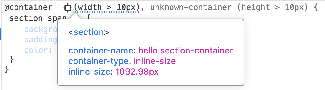 "hello section-container" name displayed in the container tooltip under the Inspector panel
