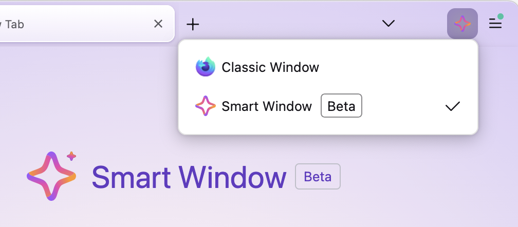Firefox window mode switcher menu showing two options: “Classic Window” and “Smart Window (Beta).” The Smart Window option is selected with a checkmark. In the background, the page header reads “Smart Window Beta” with a colorful star icon.