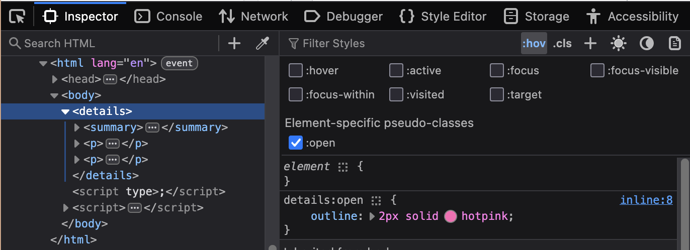 Firefox Developer Tools Inspector panel showing the HTML structure with a element selected inside the . In the right pane, pseudo-class options are displayed, with the :open state enabled under “Element-specific pseudo-classes.” A CSS rule for details:open is shown, applying a 2px solid hotpink outline.