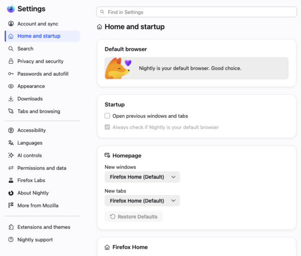 New Settings navigation and layout in Nightly