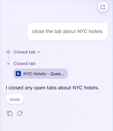 Tab close and undo actions in Smart Window accompanied by an expandable log of actions taken
