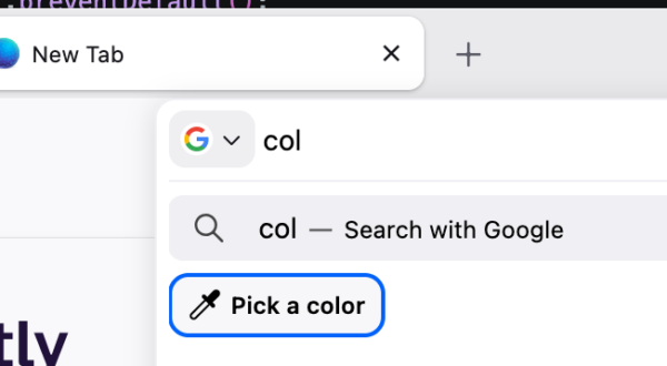 Firefox URL bar dropdown with "col" typed in, showing an eyedropper button labeled "Pick a color" below search suggestions.