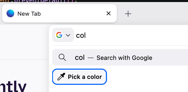 Firefox URL bar dropdown with "col" typed in, showing an eyedropper button labeled "Pick a color" below search suggestions.