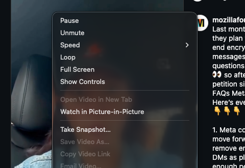 Firefox context menu video controls like Pause, Unmute, Speed and Loop.