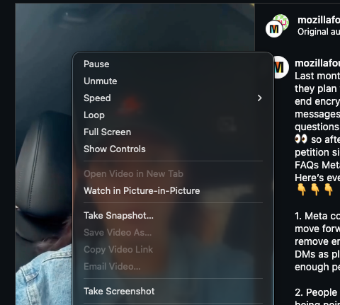 Firefox context menu video controls like Pause, Unmute, Speed and Loop.